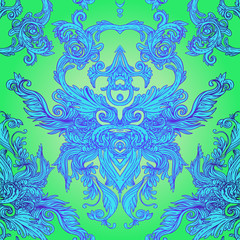 Fototapeta premium Vintage baroque floral seamless pattern in bright neon colors. 1980s style. Ornate vector decoration. Luxury, royal and Victorian concept. Vintage design with repetition. Heraldic floral texture.