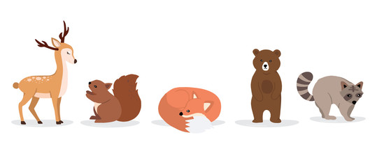 Fototapeta premium Cute animal character are standing,sitting and sleeping. Vector illustration for birthday invitation,postcard and sticker.Editable element