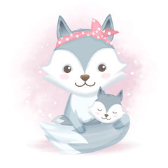 Cute baby fox and mother hand drawn cartoon animal illustration watercolor