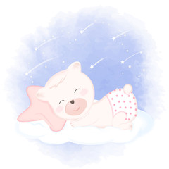 Cute baby sleeping on moon hand drawn cartoon animal illustration