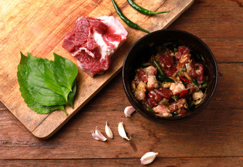 Raw beef ferment on wood table.Thai food)