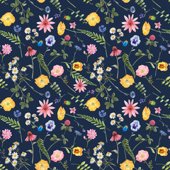 Fototapeta na wymiar Beautiful floral summer seamless pattern with watercolor hand drawn field wild flowers. Stock illustration.