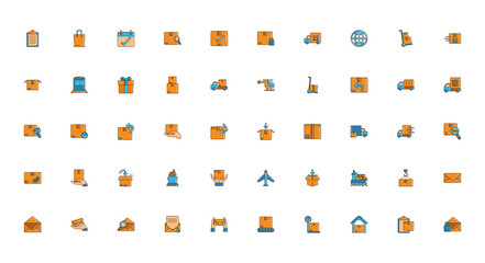 delivery cargo shipping distribution logistic icons set line and fill