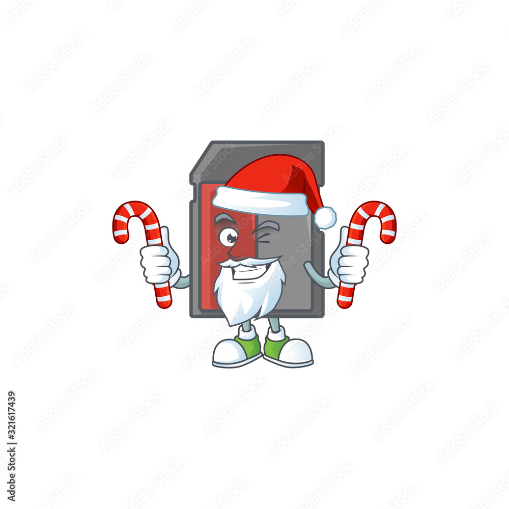 Wall mural cartoon mascot style of memory card in Santa costume with candy