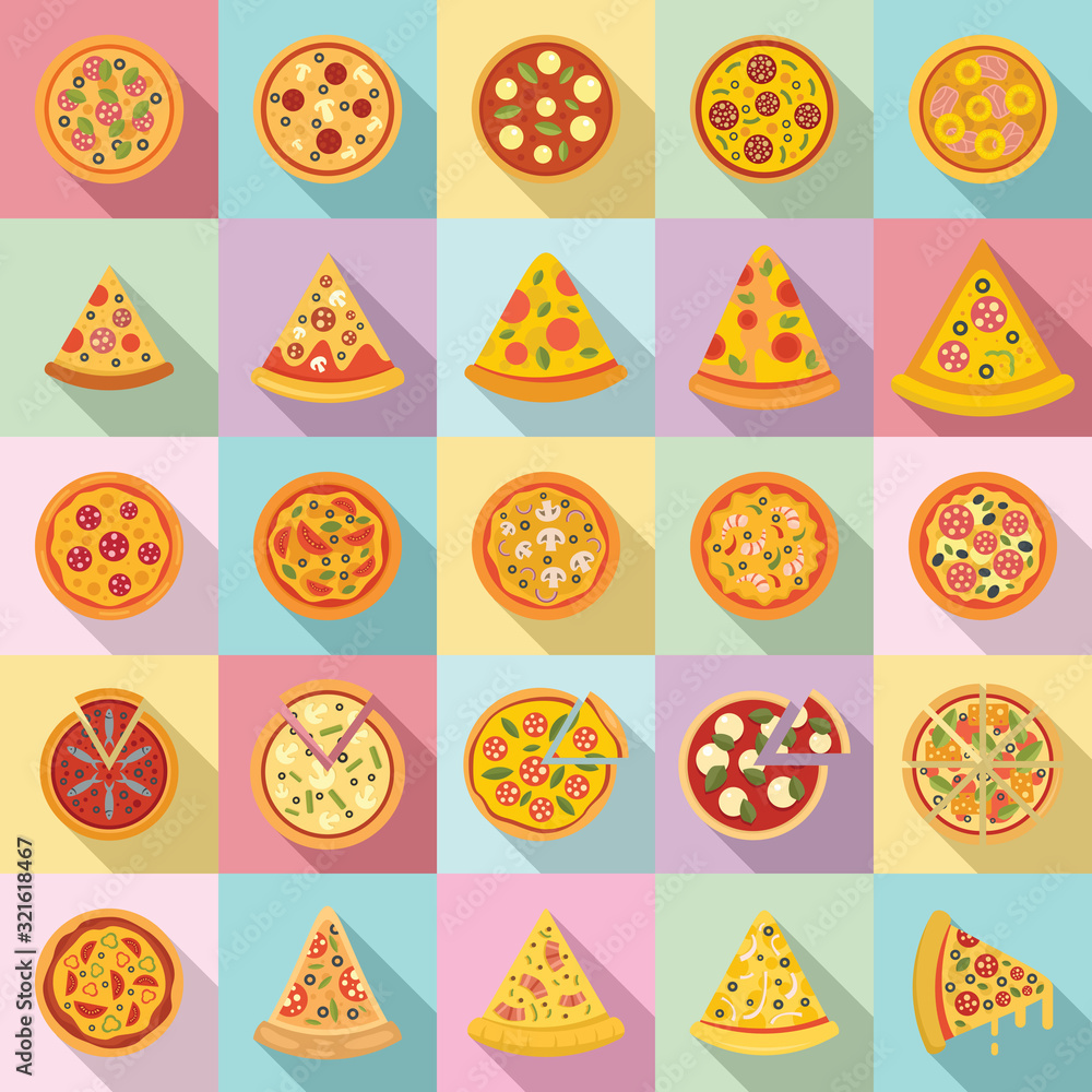 Poster pizza icons set. flat set of pizza vector icons for web design