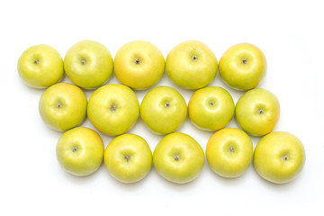 group of yellow apples on a white background, live vitamins, natural iron in fruits