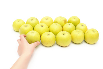 group of yellow apples on a white background, live vitamins, natural iron in fruits