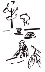 Graphic black and white drawing of a resting cyclist