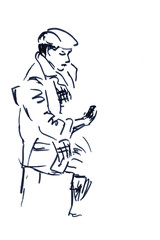 Graphic black and white drawing of a sitting man with a phone