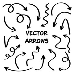 Black Hand Drawn Arrows Set on White Background. Arrow, Cursor Icon. Vector Pointers Collection. Back, Next Web Page Sign. 