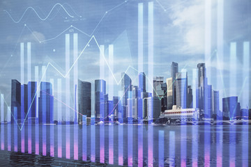 Plakat Forex chart on cityscape with tall buildings background multi exposure. Financial research concept.