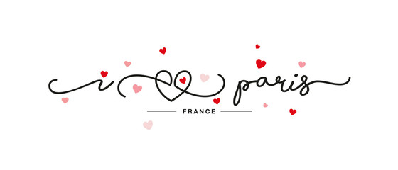 I love Paris handwritten typography lettering line heart red pink hearts white banner - obrazy, fototapety, plakaty