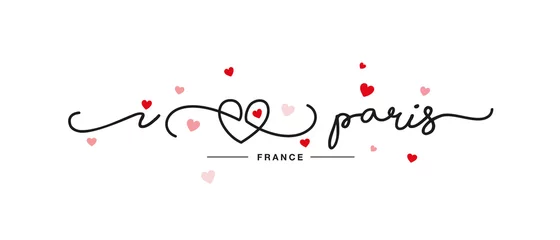 Selbstklebende Fototapeten I love Paris handwritten typography lettering line heart red pink hearts white banner © simbos