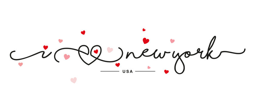 I love New York handwritten typography lettering line heart red pink hearts white banner
