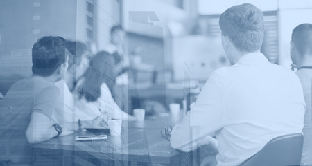 Obraz premium Team work process. Marketing strategy brainstorming. Meeting concept in office between colleagues. Coaching concept during teamwork between managers and entrepreneurs. Conference presentation photo.