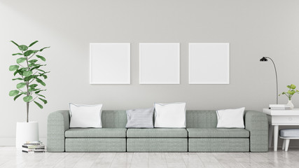 Square poster mockup with Three  frames on empty white wall in living room interior, Modern vintage interior of living room, 3D Rendering
