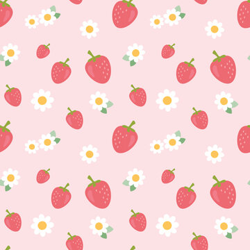 Seamless pattern with little strawberry and white flowers. Vector Illustration.