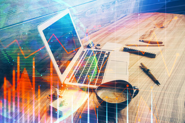 Multi exposure of chart and financial info and work space with computer background. Concept of international online trading.