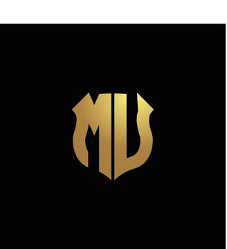MU logo monogram with gold colors and shield shape design template