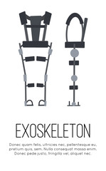 Vertical banner with flat medical exoskeleton on white background with place for text. Help for people with disabilities. The future and innovation. Vector template with exosuit.