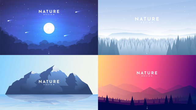 Set Of 4 Nature Backgrounds. Misty Night With Moon Light, Winter Forest, Morning Scene, Mountain With Reflection In Water, Colorful Sky And Polygonal Hills. Vector Flat Landscape. Website Template