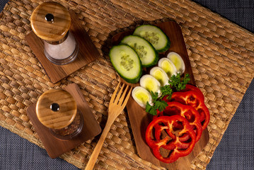 fresh vegetables on a chopping board. View from the top.