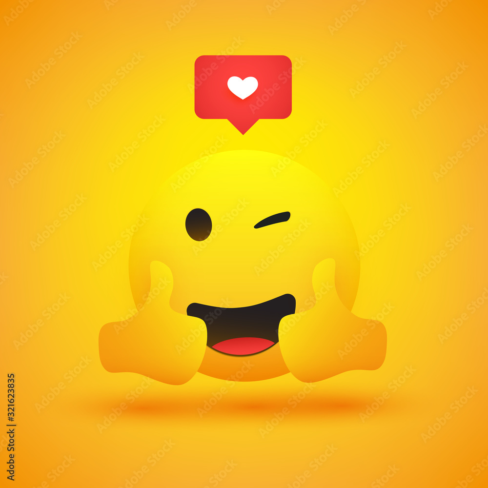 Poster smiling and winking emoji showing thumbs up - simple shiny happy emoticon with speech bubble on yell
