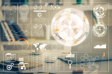 Technology theme drawing and work space with computer. Multi exposure. Concept of innovation.