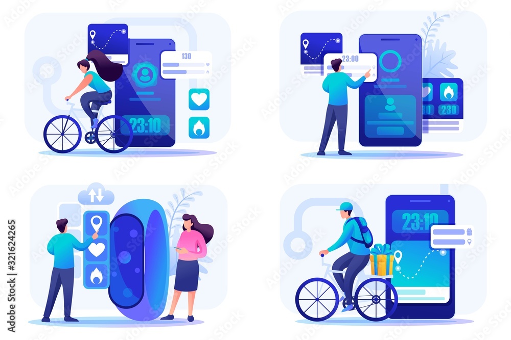 Poster set 2d flat concepts mobile apps for different groups of people and goals. for concept for web desig