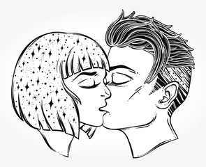 Beautiful artwork of young couple kissing. Outer space on her hair. Boho, tattoo art, spirituality, poster, T-shirt print, romantic love, character design. Isolated vector illustration.
