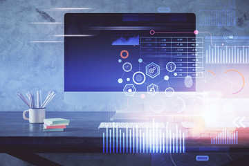 Technology theme drawing and table with computer. Double exposure. Concept of information.