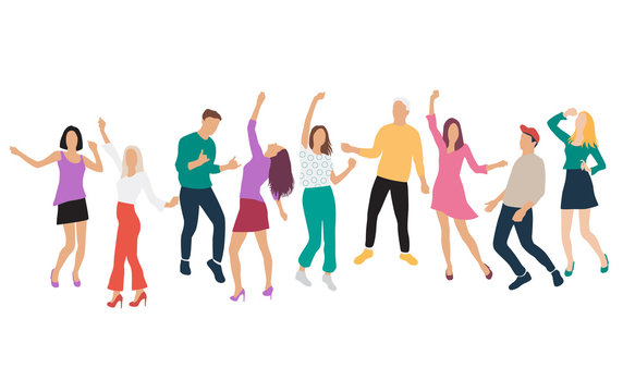 Group of young joyful happy men and women dancing with their hands up, isolated on a white background. Happy people in colorful outfits in different poses. Vector illustration in flat cartoon style