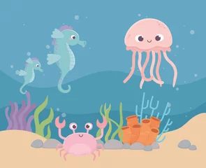 Papier Peint photo Vie marine méduses hippocampes vie de crabe dessin animé récif de corail sous la mer