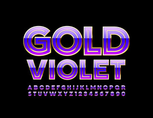 Chic Violet and Gold Alphabet Letters and Numbers. Vector Bold 3D Font. 