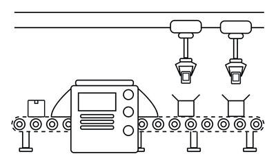 Atomated production line concept. Conveyor belt production system. Thin line style illustration.