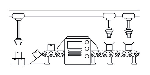Atomated production line concept. Conveyor belt production system. Thin line style illustration.