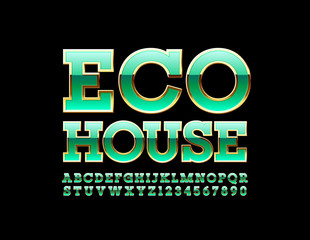 Vector bright Emblem Eco House. Trendy Glossy Font. Artistic Alphabet Letters and Numbers. 