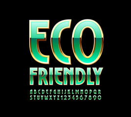 Vector trendy Logo Eco Friendly. Bright Green and Golden Alphabet Letters and Numbers. Stylish Elegant Font.