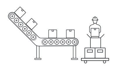 Atomated production line concept. Conveyor belt production system. Thin line style illustration.