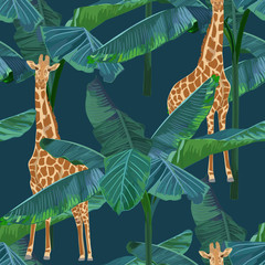 Exotische zomerprint. Naadloze patroon met palmboom, giraffe. vector illustratie