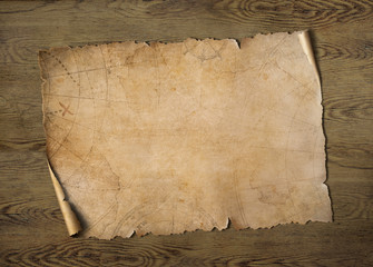 Old treasure map on wood table 3d illustration