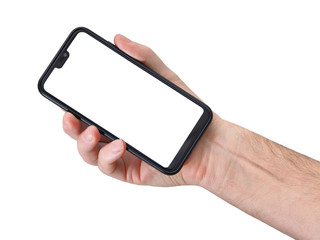 Man hand holding the black smartphone blank screen with modern frameless design - isolated on white background