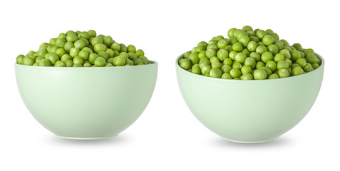 Green peas in white bowl set isolated on white background. Side view for packaging design with clipping path and shadow
