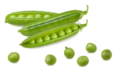 Peas isolated. Group of green fresh raw peas open pod with beans isolated on white background