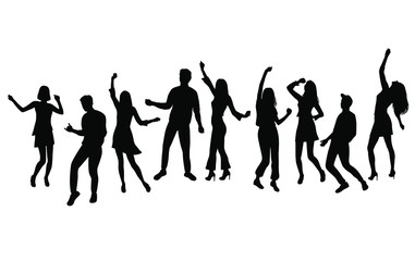 Fototapeta na wymiar Silhouette of a group of young happy men and women dancing with their hands raised. Happy people in different poses. Vector, black color isolated on a white background