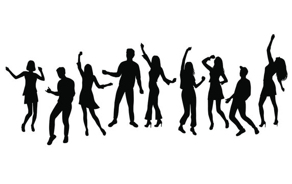 Silhouette of a group of young happy men and women dancing with their hands raised. Happy people in different poses. Vector, black color isolated on a white background