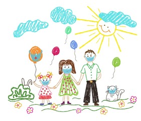 Children's drawing. Family, all in medical masks.