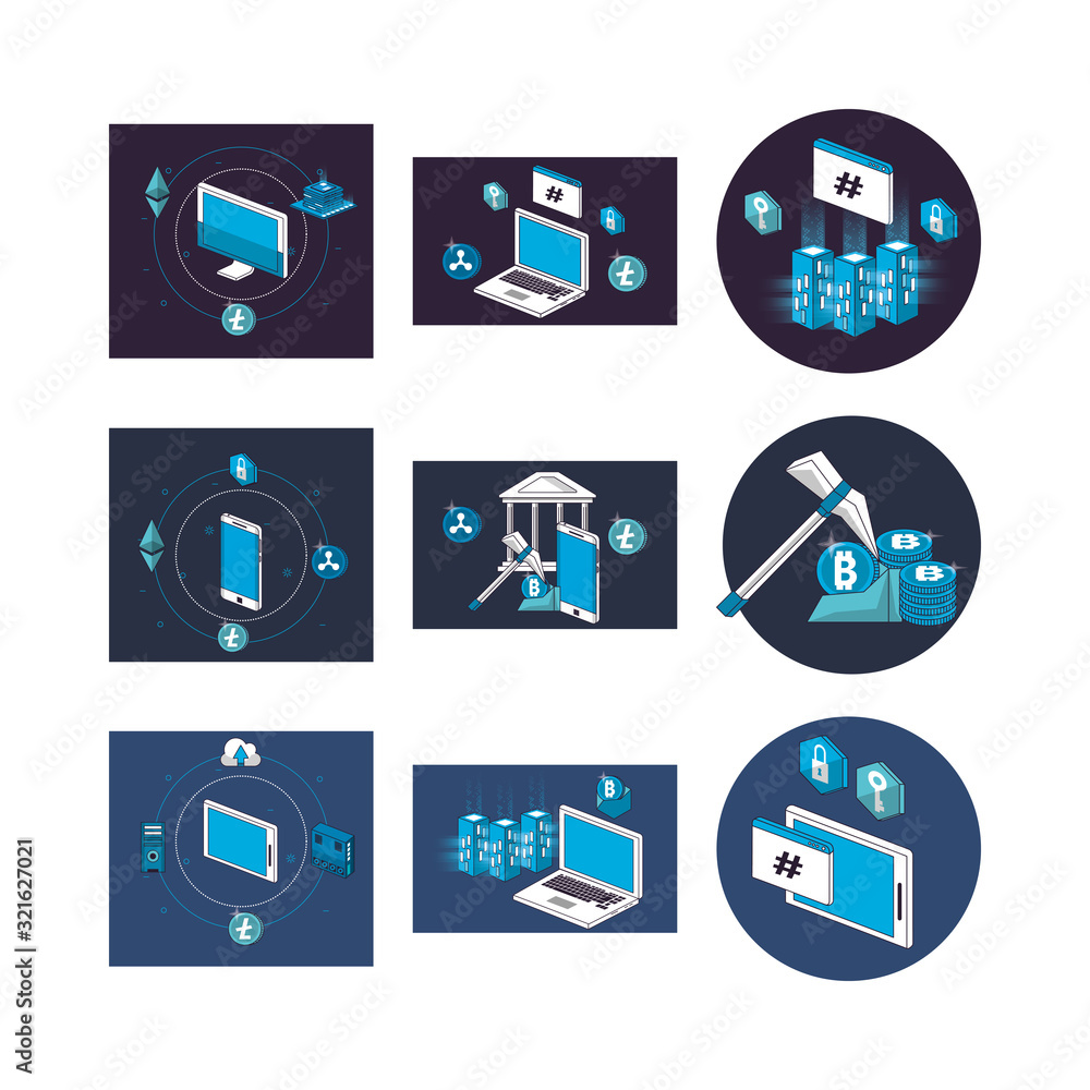 Poster bundle of crypto currency set icons