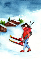 Watercolor winter postcard,card,poster.Loving couple at a ski resort.Winter illustration.
