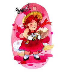 Watercolor illustration. Cute kawaii girls in the form of signs of the Chinese horoscope. Humanization of the pig. Sweet tooth girl.